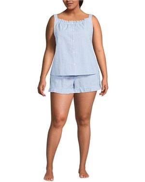 Lands' End Plus Size Seersucker 2 Piece Pajama Set - Blue