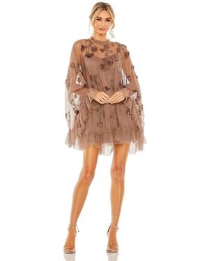 Mac Duggal Embellished Long Flare Sleeve Mesh A-line Dress - Brown