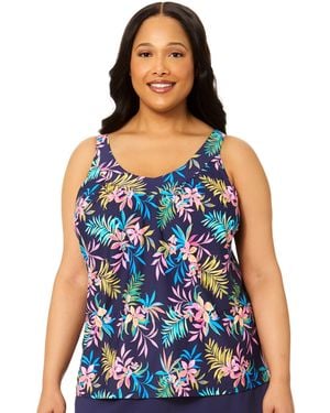 Island Escape Plus Size Tropical Printed Underwire Tankini Top - Blue
