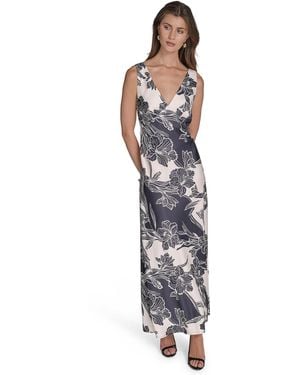 Halston V-neck Sleeveless Satin Gown - Blue