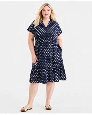 Style & Co. Plus Size Split-neck Printed Midi Dress - Blue