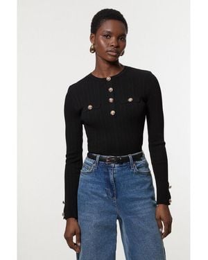 Karen Millen Military Trim Rib Long Sleeve Knit Top - Blue