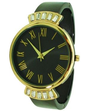 Olivia Pratt Gunmetal Gold Elegant Emerald Rhinestone Solid Metal Bangle Watch - Green