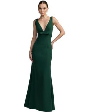 Mac Duggal Petite Crepe Sleeveless V Neck Sheath Gown With Bow - Green