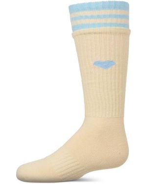 Memoi Girls Ribbed Cotton Blend "heart And Stripes" Knee Sock - Natural