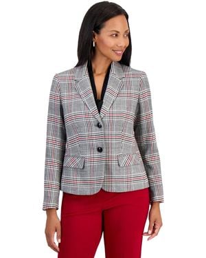 Kasper Plaid Two Button Blazer - Gray