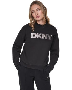 DKNY Bowery Foil Rhinestone Logo Crewneck Pullover Sweatshirt - Black