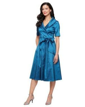 Alex Evenings Petite Stretch Taffeta V-neck Midi Dress - Blue