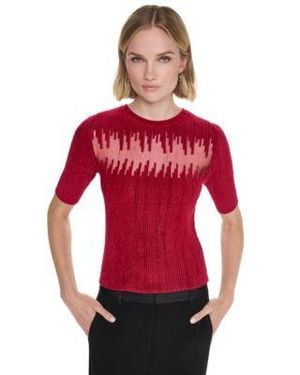 DKNY Ribbed Knit Sheer Panel Short Sleeve Sweater - Red