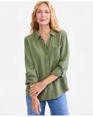 Style & Co. Cotton Gauze Roll-tab Shirt - Green