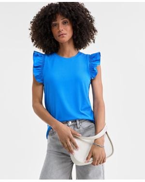 On 34th Ruffle-sleeve Knit Top - Blue