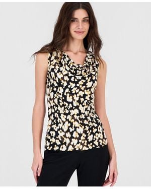 Kasper Cowl Neck Jersey Knit Printed Top - White