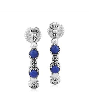 American West Jewelry Sterling Silver Lapis 1 Inch Concha Hoop Earrings - Blue