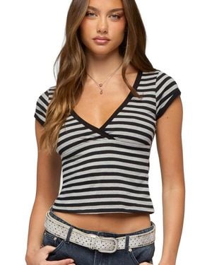 Edikted Laia Striped V Neck T Shirt - Black