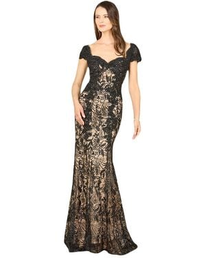Lara Long Bell Sleeve V-neck Beaded Gown - Metallic