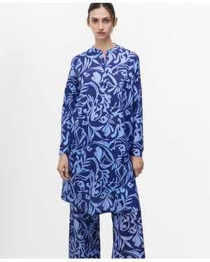 Mango Cotton Two-tone Printed Tunic Pajama Top - Blue