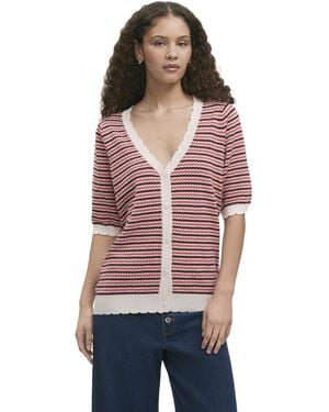 Finery London Willa Striped Short-sleeve V-neck Cardigan - Red