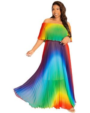 Buxom Couture Plus Size Floral Off Shoulder Pleated Maxi Dress - Green
