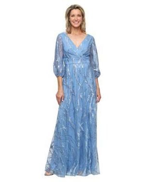 Alex Evenings Embroidered A Line V Neck Ball Gown - Blue