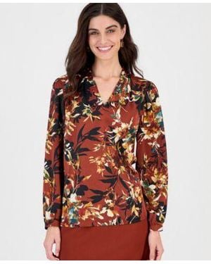 Kasper Long Sleeve Floral Print V Neck Blouse - Red