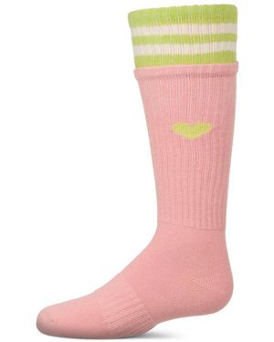Memoi Girls Ribbed Cotton Blend "heart And Stripes" Knee Sock - Pink