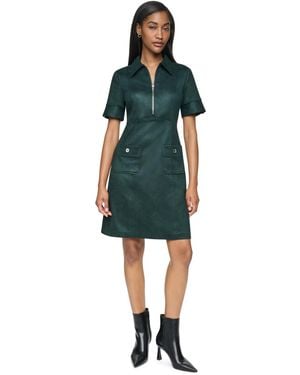 DKNY Short Sleeve Collared Front-zip A-line Dress - Green