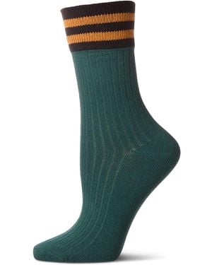 Memoi Ribbed Cotton Rich Striped Cuff Crew Sock - Green