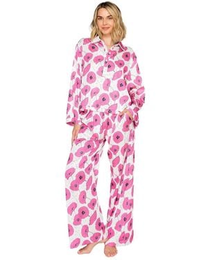 Badgley Mischka Floral Silky Satin Long Sleeve And Wide Leg Pajama Set - Pink