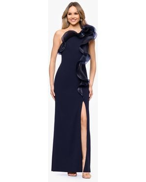 Betsy & Adam Scuba Crepe Organza-ruffle Long Dress - Blue