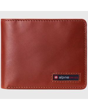 Alpine Swiss Genuine Leather Passcase Bifold Wallet Rfid Safe 2 Id Windows - Red