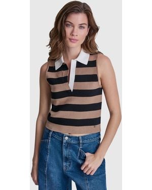DKNY Striped Sleeveless Polo Sweater - Blue