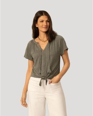 Cable & Gauge Embroidered Split Neck Tie Top - Multicolor