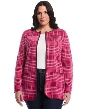 Rafaella Plus Size Crosshatch Patch Pocket Open Long Sleeve Cardigan Sweater - Red