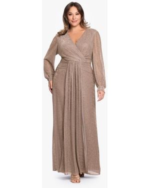 Betsy & Adam Plus Size V-neck Lurex Knit Ball Gown - Brown