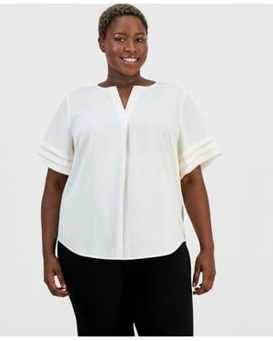 Anne Klein Essentials Plus Pleated-sleeve Split-neck Top - White