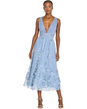 Marchesa V-neck 3d Floral Midi Dress - Blue