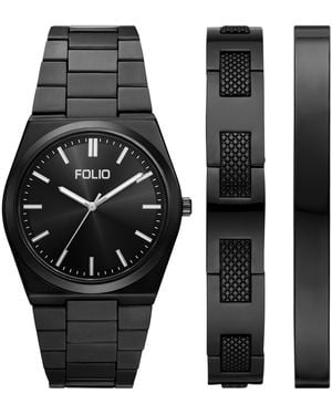 Folio Quartz Three-hand Alloy Watch Set - Black