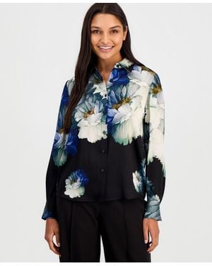Tahari Madeline Long-sleeve Silk-blend Floral-print Blouse - Blue