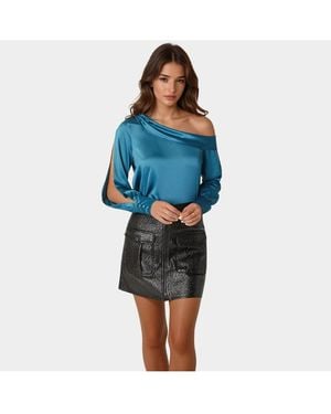Bebe Asymmetrical Long Sleeve Slit Detail Satin Blouse - Blue