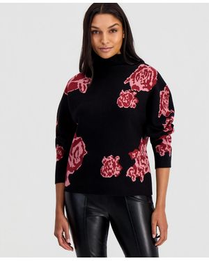Tahari Floral Jacquard Funnel-neck Dolman-sleeve Sweater - Red