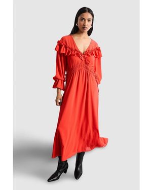 Warehouse Ruffle Shoulder Detail Boho Maxi Dress - Red