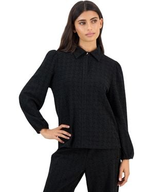 Anne Klein Essentials Houndstooth Puff-sleeve Long-sleeve Blouse - Black