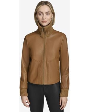 Andrew Marc Black Label Beatrix Rib-knit Trimmed Leather Jacket - Natural