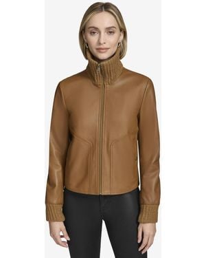 Andrew Marc Black Label Beatrix Rib-knit Trimmed Leather Jacket - Natural