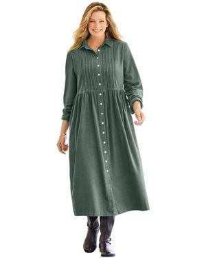 Woman Within Plus Size Button Front Corduroy Dress - Green