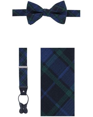 Trafalgar Ives Blackwatch Plaid Silk Adjustable Bow Tie And Suspenders - Blue