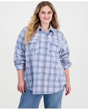 And Now This Trendy Plus Size Long-sleeve Plaid Cord-embroidered Blouse - Blue