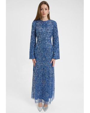 MARYISA Modest Embellished Sequin Beaded Dress Maxi With High Detailed Work - Blue
