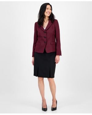 Le Suit Houndstooth Jacket & Pleated Pencil Skirt Suit Set - Red