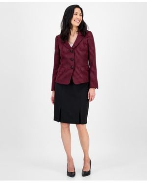 Le Suit Houndstooth Jacket & Pleated Pencil Skirt Suit - Red